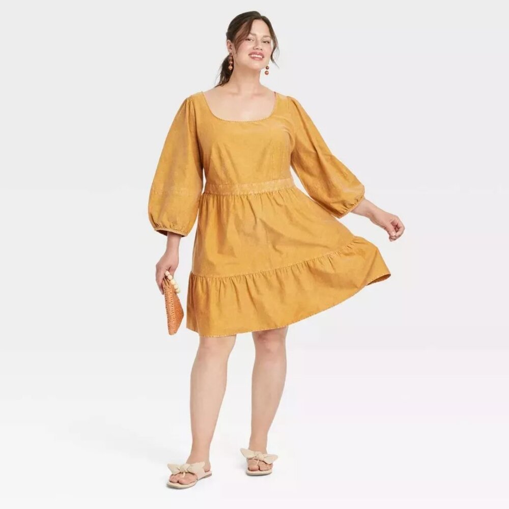 Ava & Viv 100% Cotton Copper Wash Baloon Sleeve Back Tie Pesant Dress womens 1X